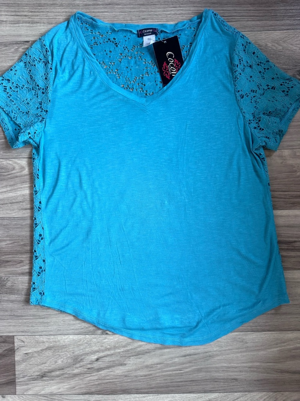 Cocoon Women's V-Neck Lace Sleeve Top - Turquoise NWT Size 1X